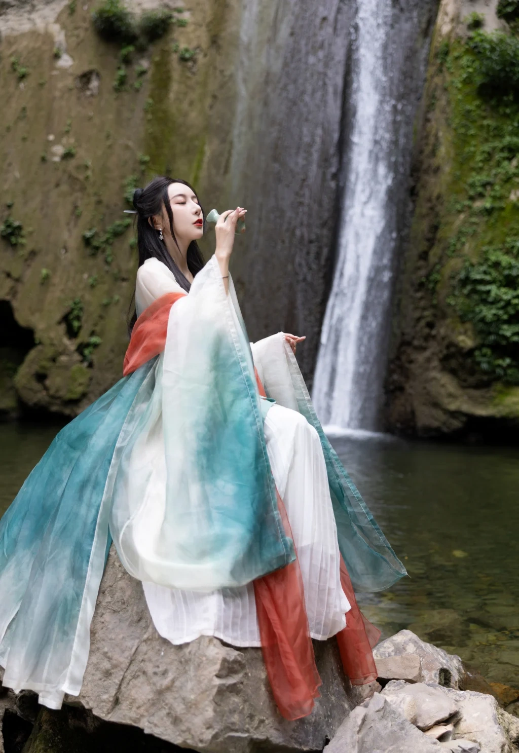 [内购无水印] 王馨瑶Yanni: 绿色古装 瀑布 (112 photos) - P1