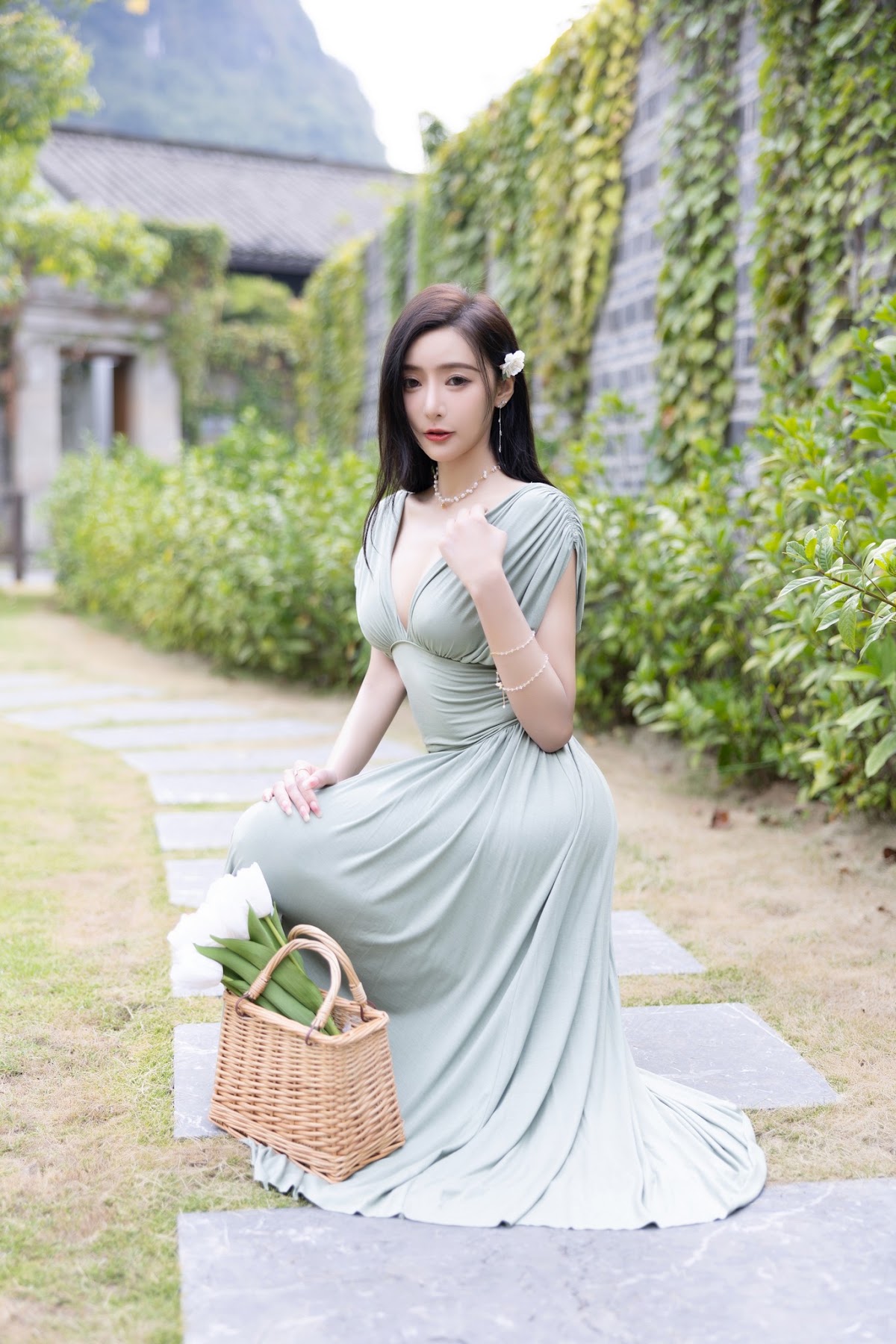 [内购无水印] 王馨瑶Yanni – 豆绿色连衣裙白色泳衣 - P9