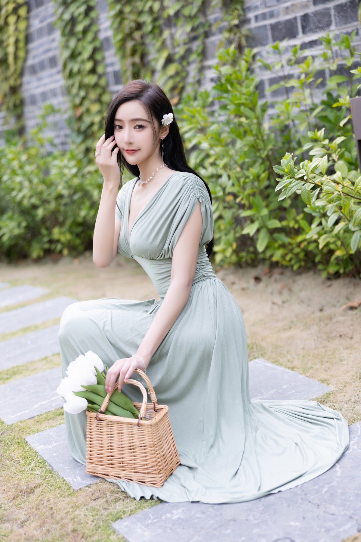 [内购无水印] 王馨瑶Yanni – 豆绿色连衣裙白色泳衣 - P6